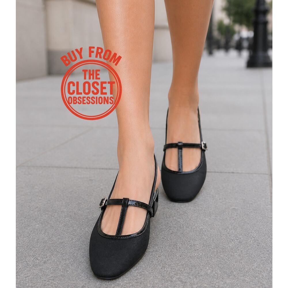 Zara Black Mary Jane Slingback Flats T-Strap Ballet Flats Size 7.5 NWT